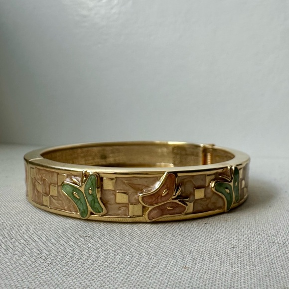 Butterfly Enamel Cloisonné Abstract Gold-Tone Hinge Bangle Cuff Bracelet - Picture 2 of 7